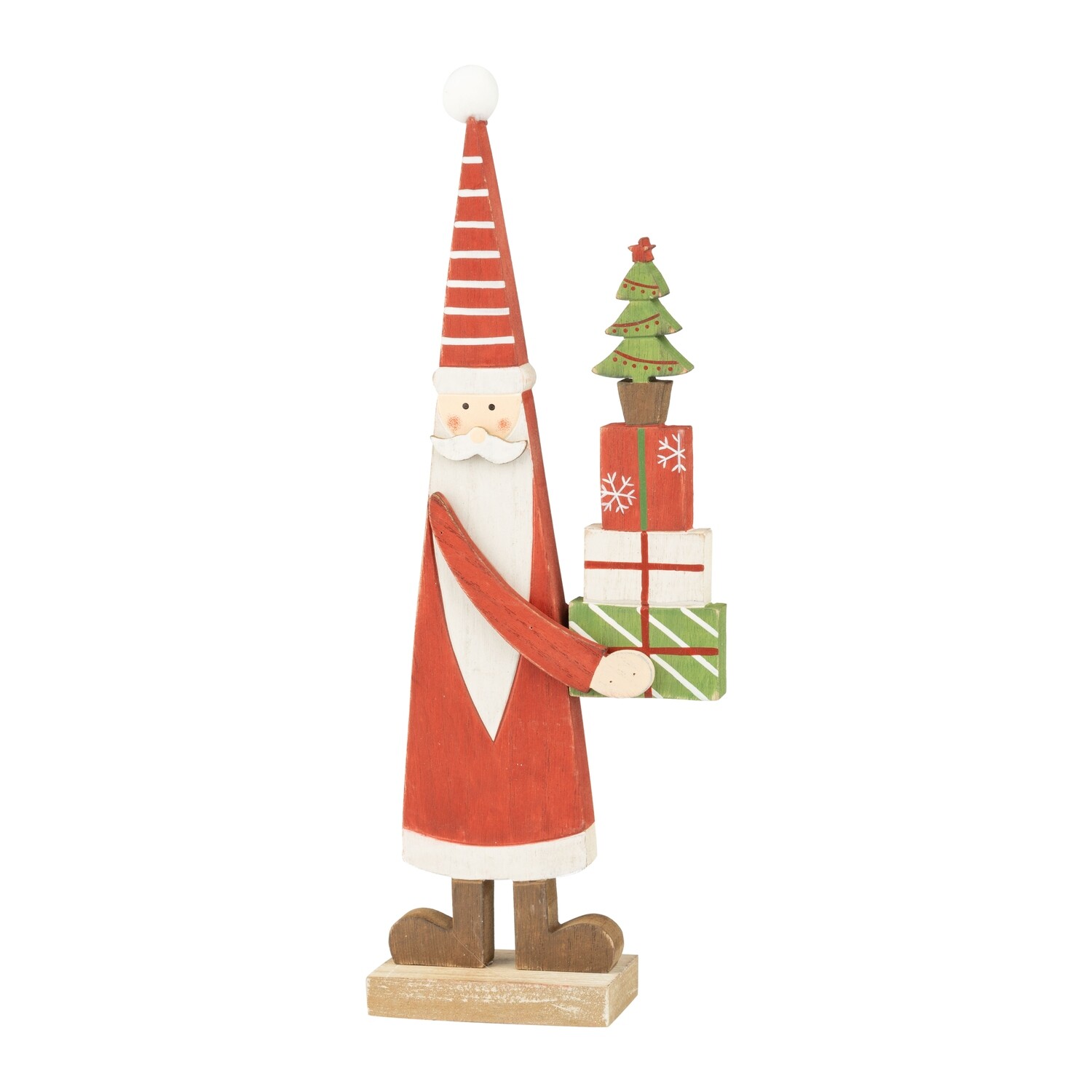 Wood Santa table piece, tall scandi red and white Santa holding presents on natural wood base, 14 in  4            