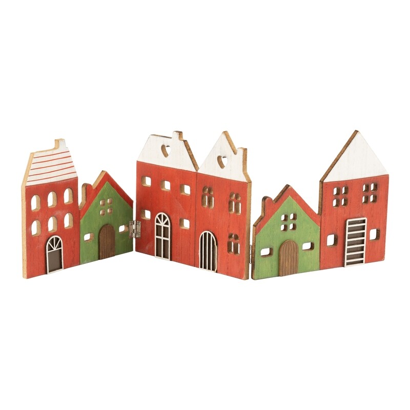 Wood village fold out table piece, red and green houses, 18 in  4            