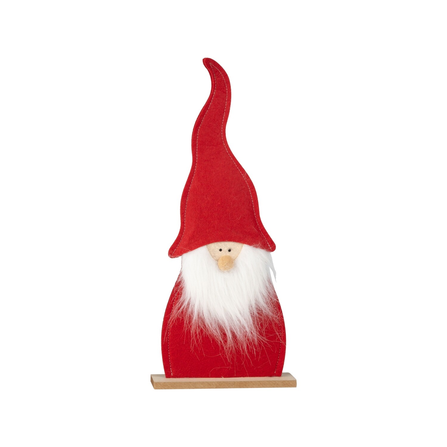 Red felt gnome with white beard on wood base, 15 in  6            