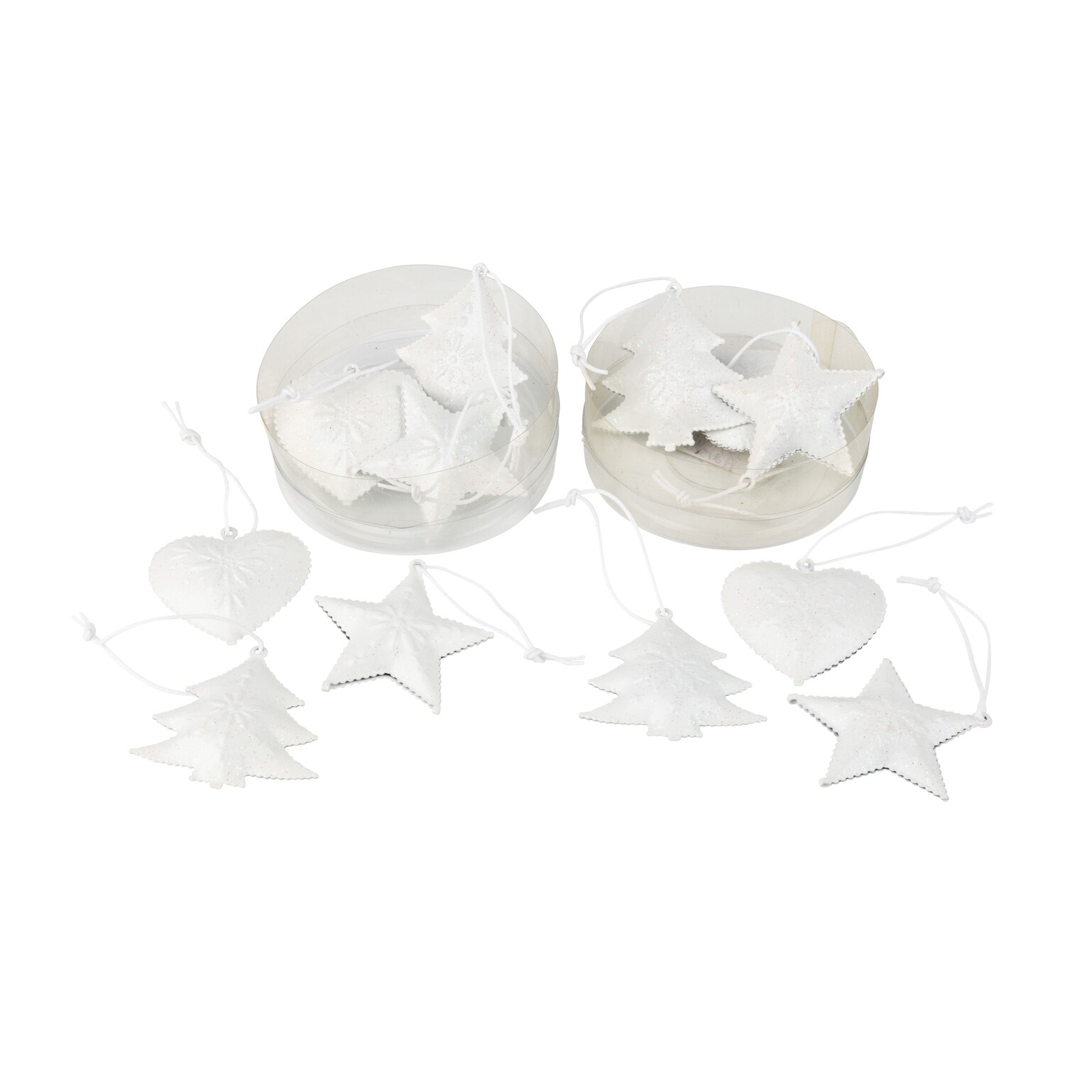 2 Asst&#39;d sets of metal stamped miniature white star ,heart and tree ornament, 2 in  12            