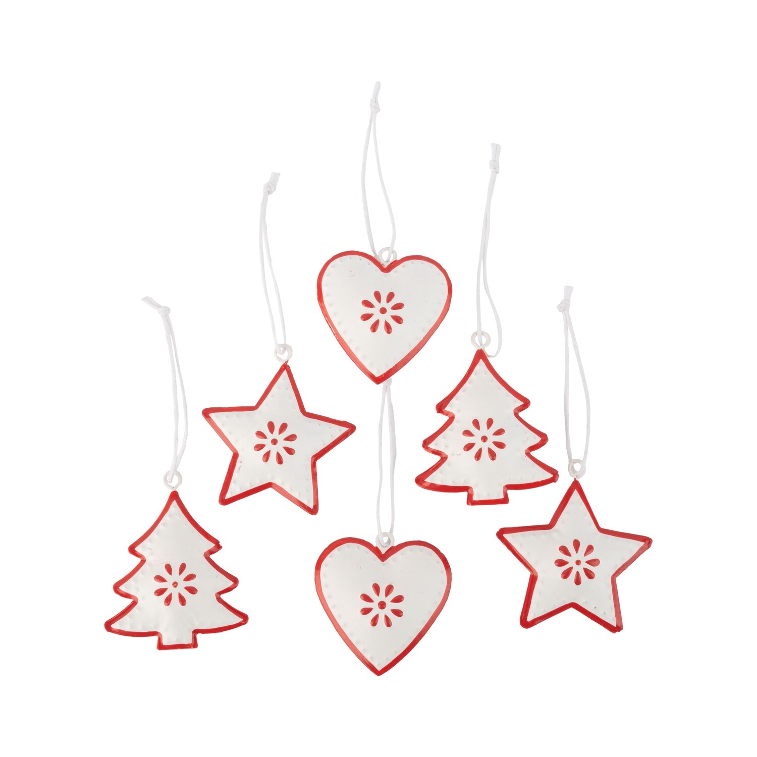 Set of 6 metal white and red miniature star, heart and tree ornament, 3.75 in  6            