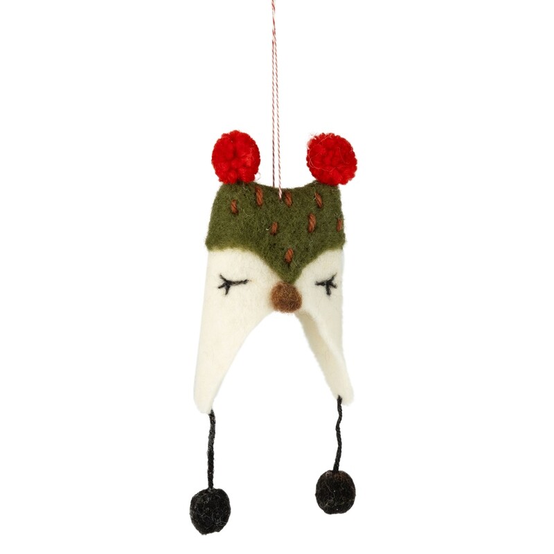 Felt fox hat ornament, green head with red pompom on top, 6.5 in  12            