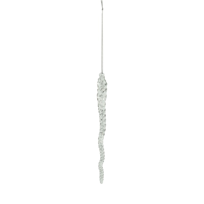 Twisted glass icicle ornament, clear with white frost ribbon interior swirl, 7 in  12            