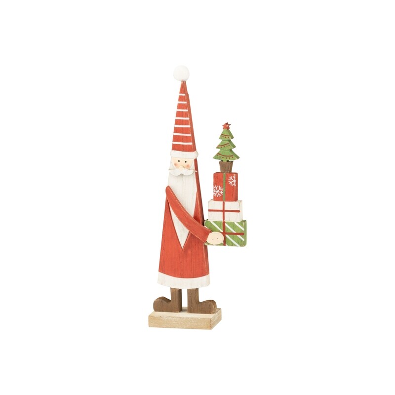 Wood Santa table piece, tall scandi red and white Santa holding presents, on natural wood base, 10 in  6            