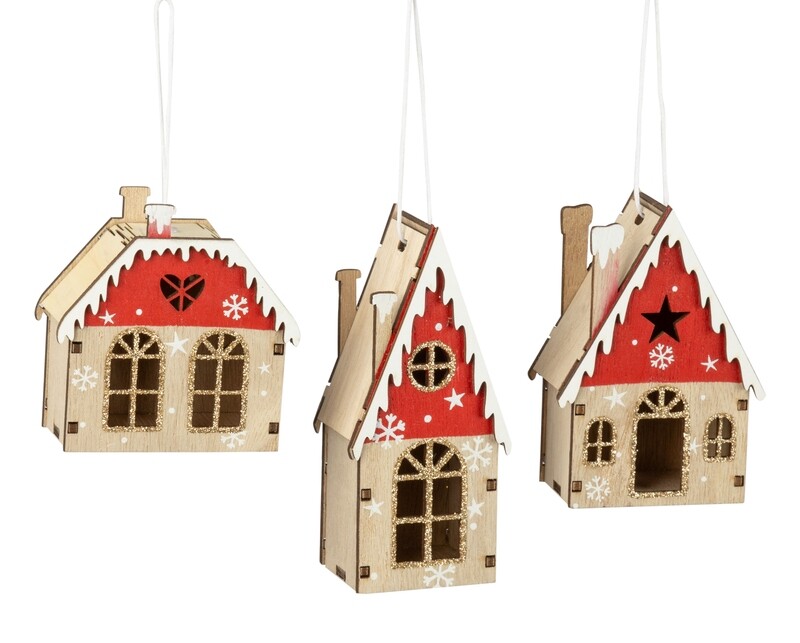 3 Asst&#39;d wood house ornaments, roof scalloped chalets, 3 in  24 -Z08 -25NP -S04/25