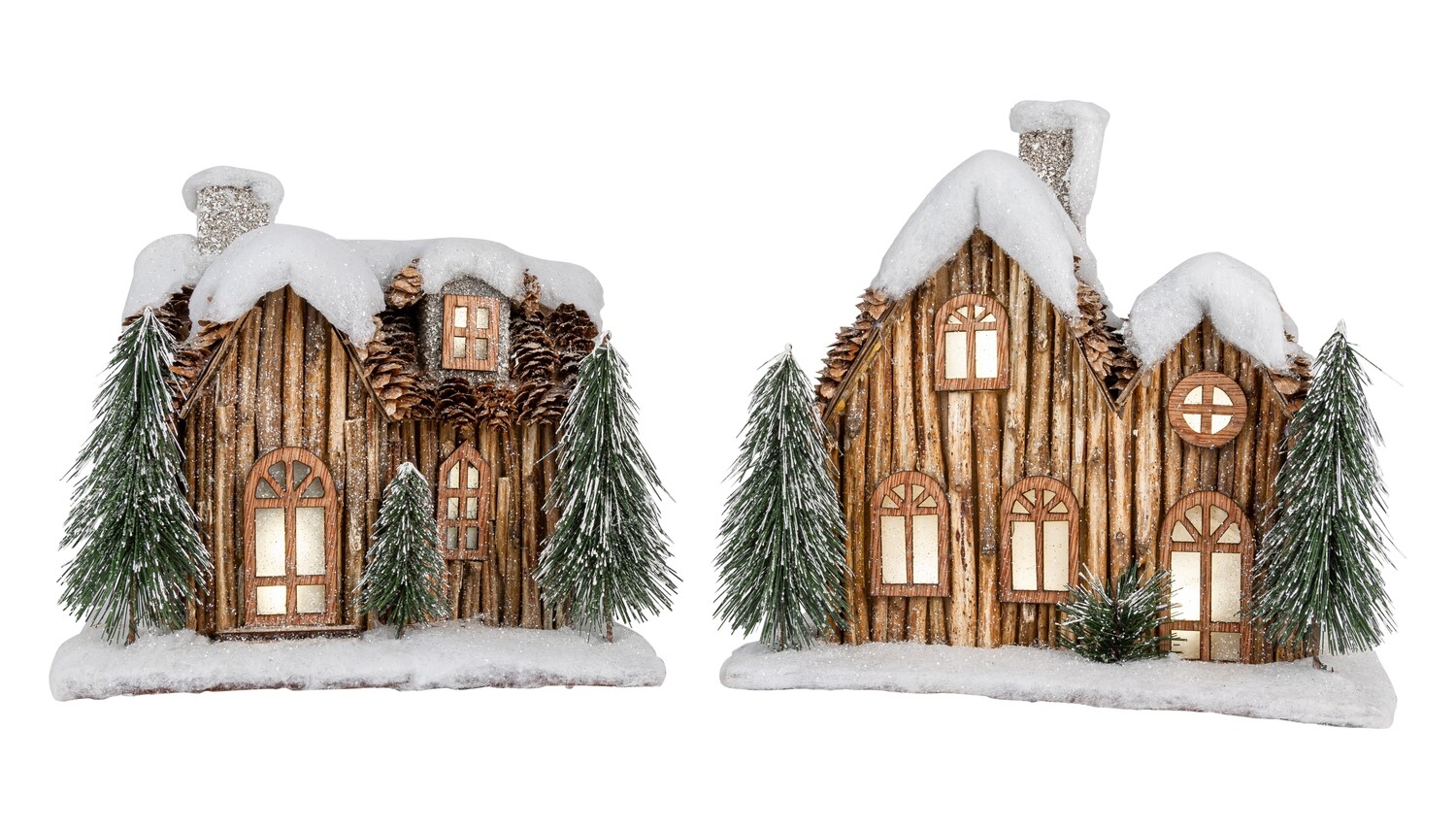 2 Asst'd paper house table piece, dark brown with flocked snow capped roof and green bristle trees, LED 9+10 in  2            