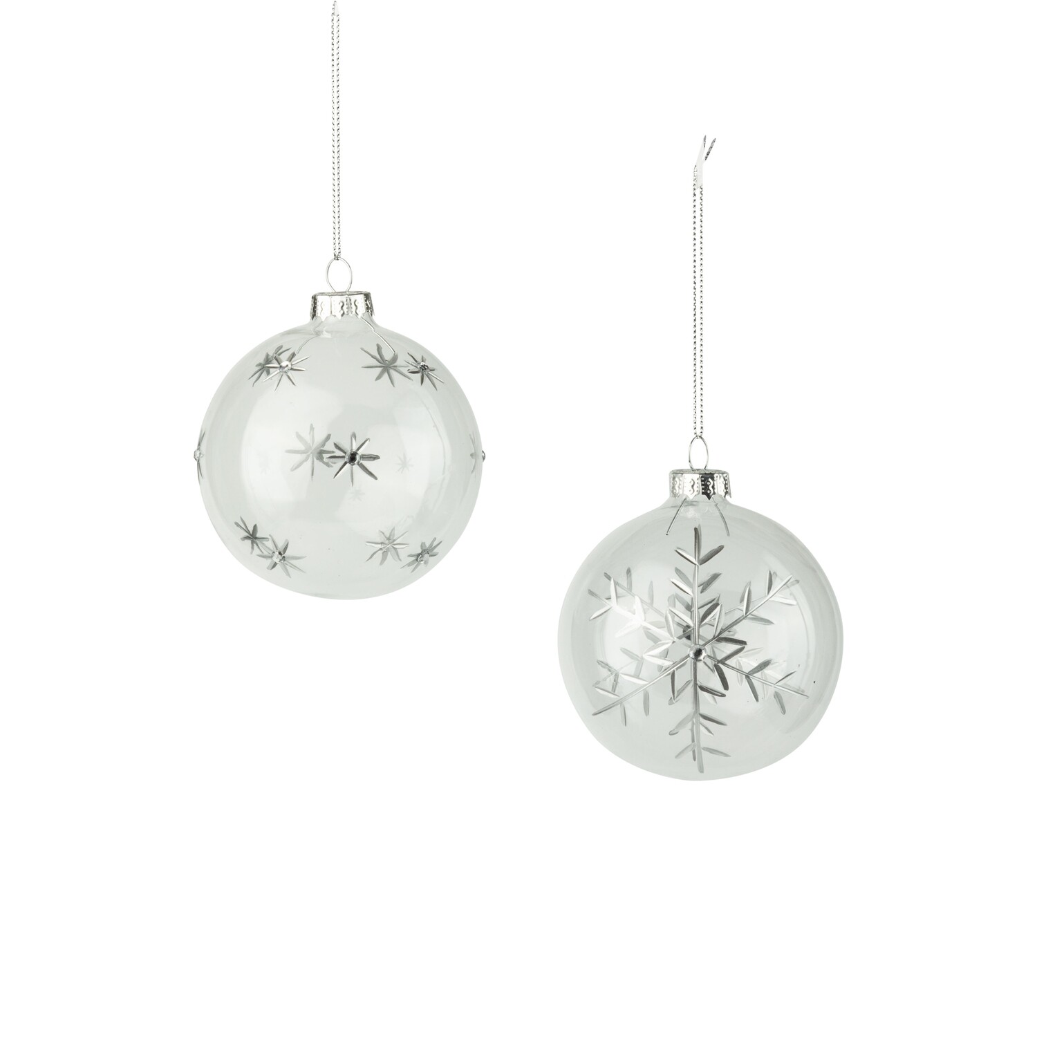 2 Asst&#39;d glass clear ornament, clear ball with silver etched star and branch, 80mm/3 in  12            