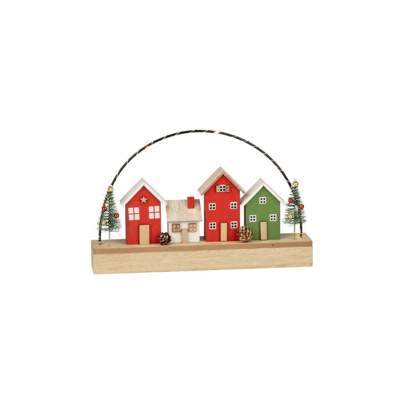 Wood village table piece, red, green and white houses on natural wood raised base, LED, 10 in  6      
