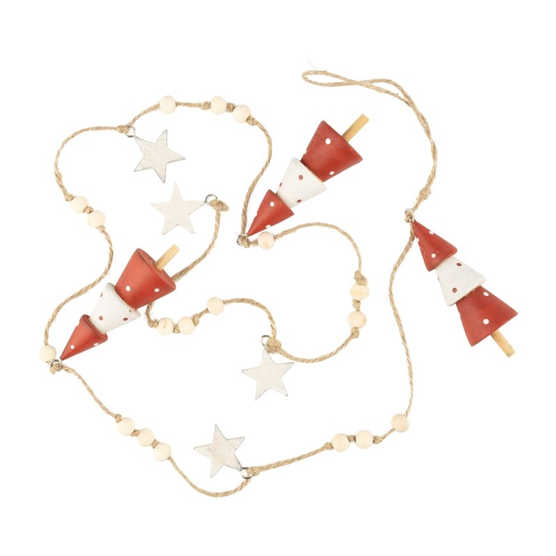 Wood Santa garland, red and white Santa with white star on natural cord, 49 in  6            