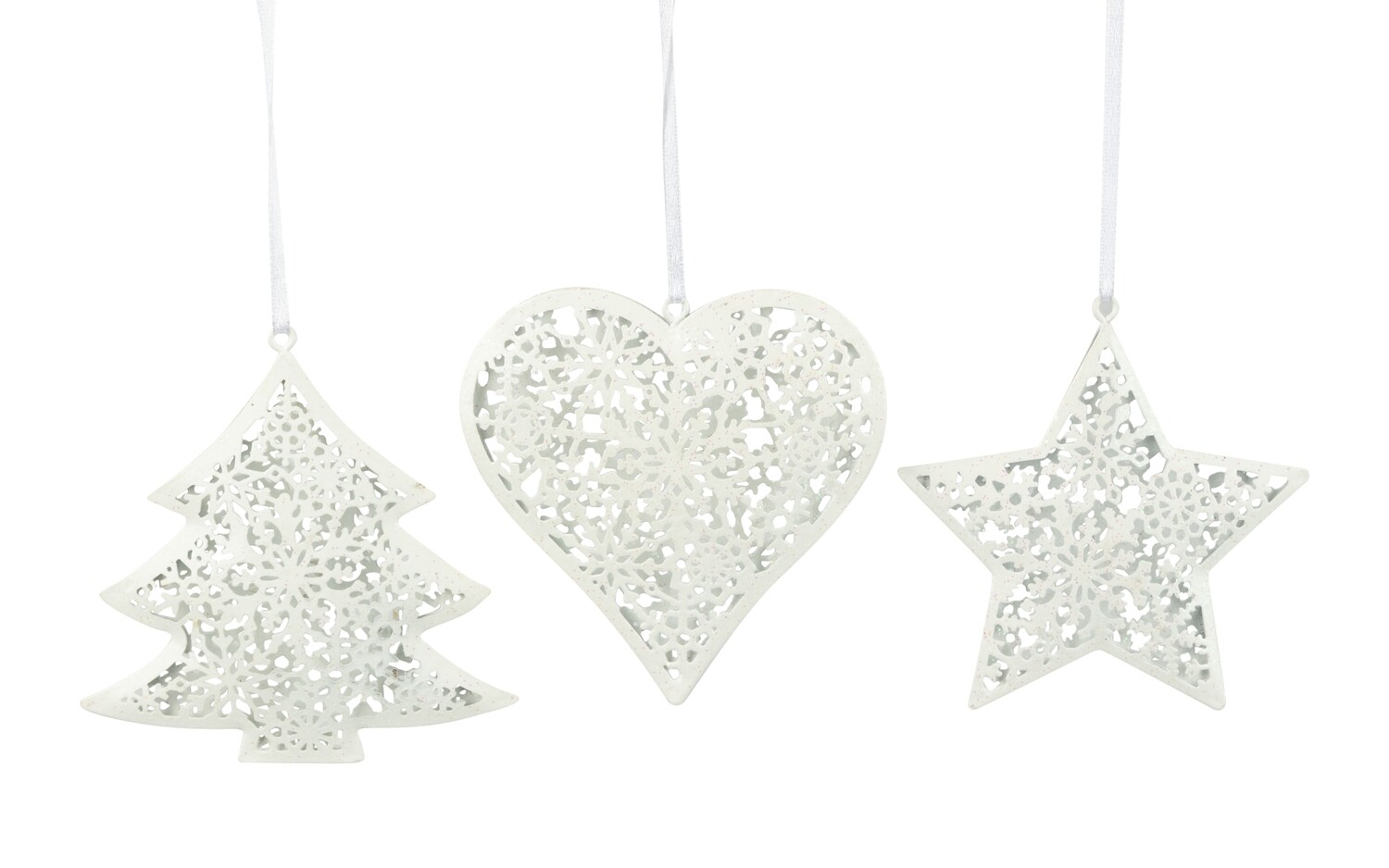 3 Asst&#39;d metal silver ornament, tree, star and heart with snowflake design, 3.5 in  36      
