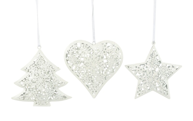 3 Asst&#39;d metal silver ornament, tree, star and heart with snowflake design, 3.5 in  36      
