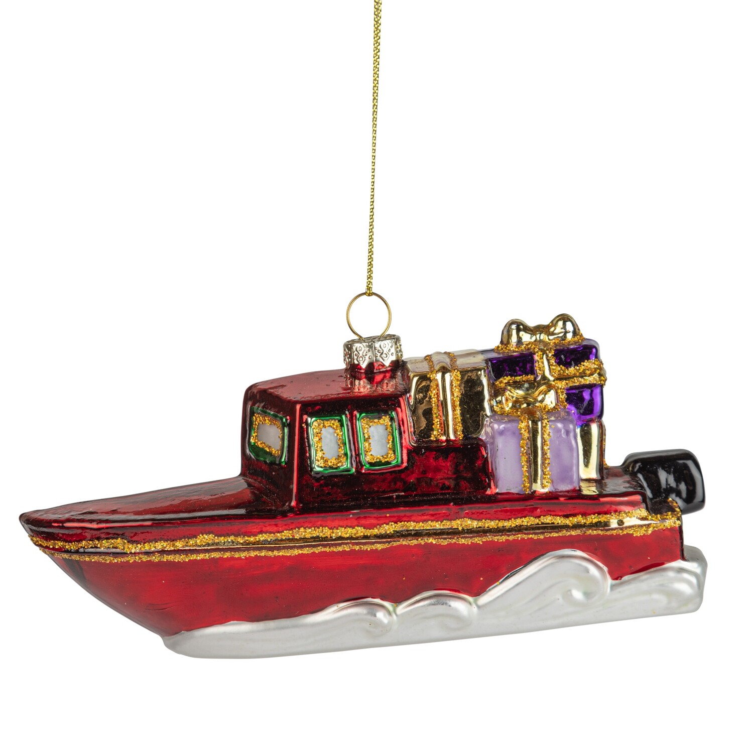 Glass motor boat ornament, red, 6 in  6            