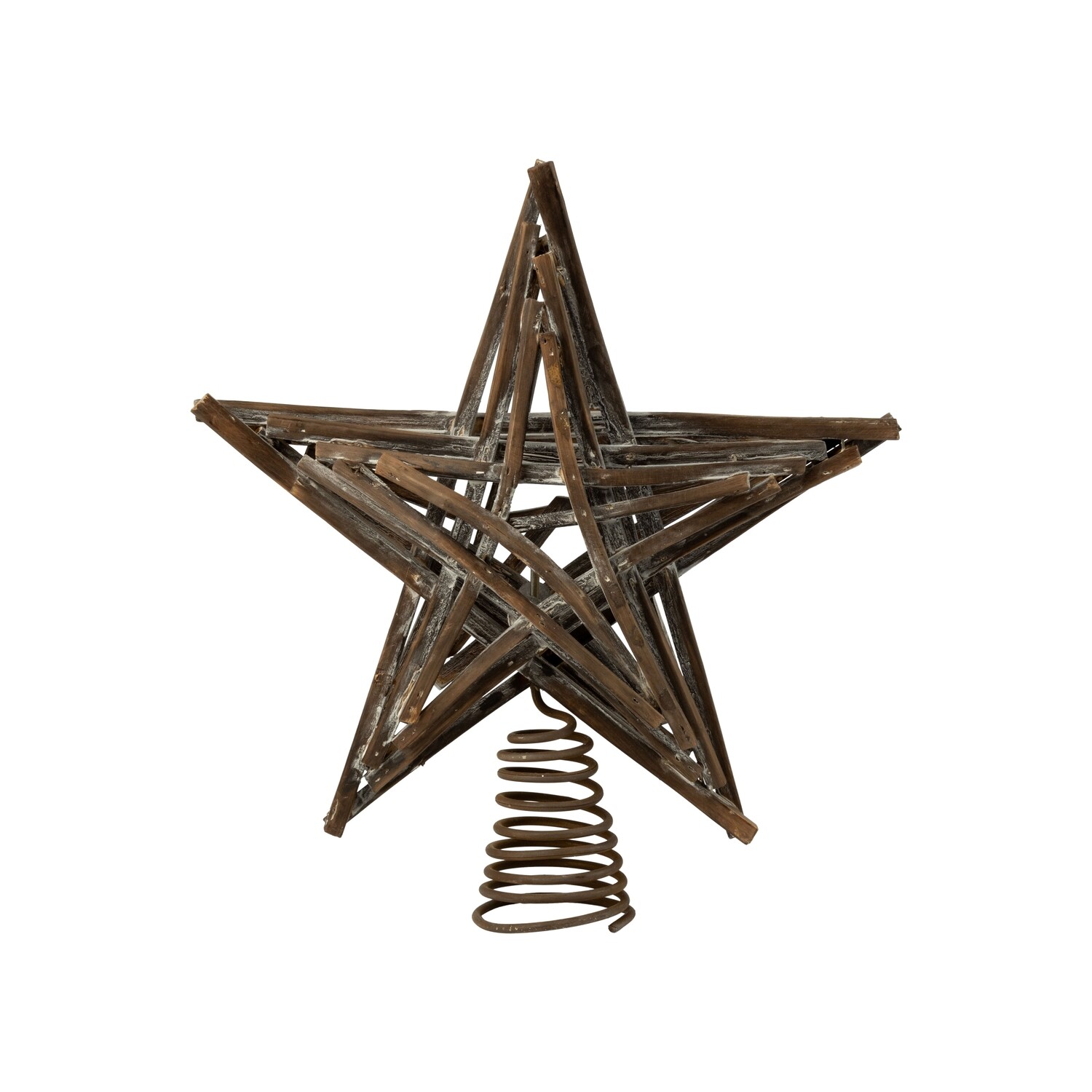 Wood star tree topper, espresso brown overlapping stick design with strokes of light painted snow, 12.75 in  5