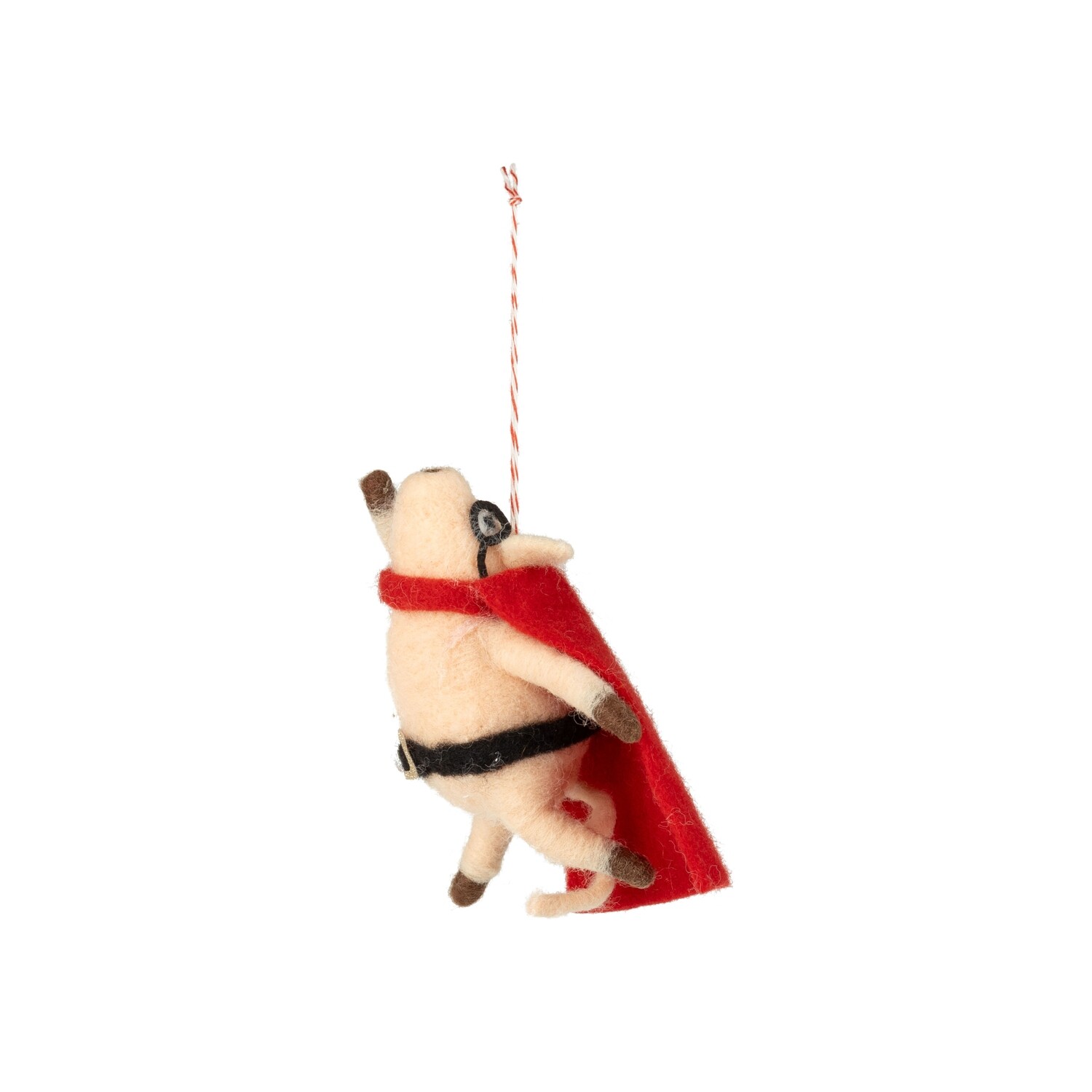 Felt flying pig super hero ornament, pink pig with black mask and red cape, 4.5 in  12      