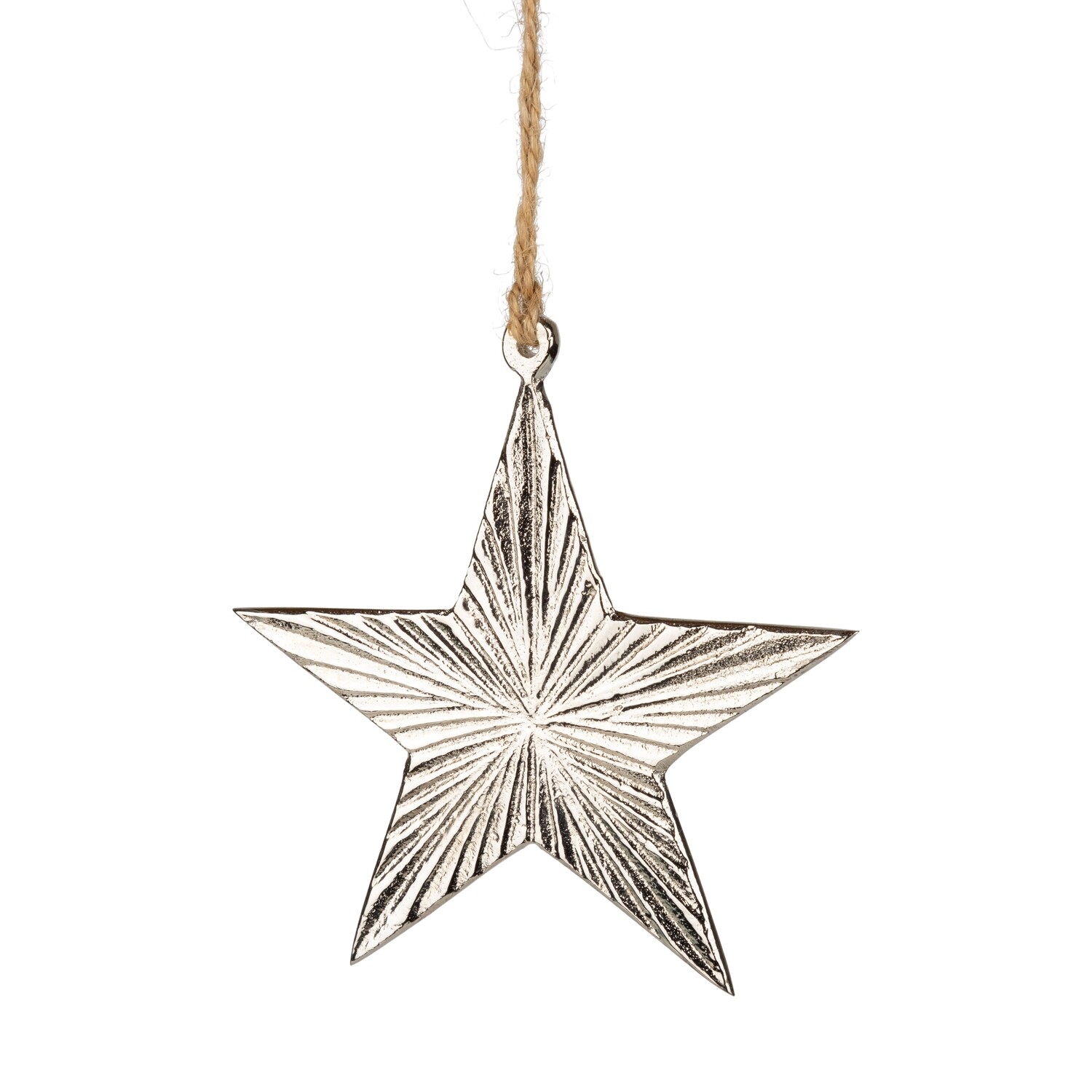 Metal silver star ornament, line ridged texture, 4 in  12            