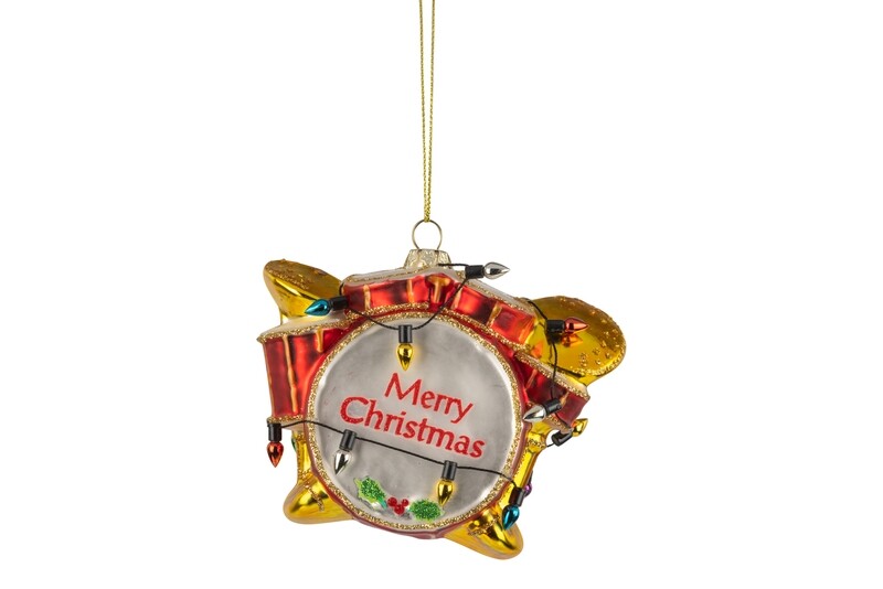 Glass drum set ornament, red and gold, 4 in  6            