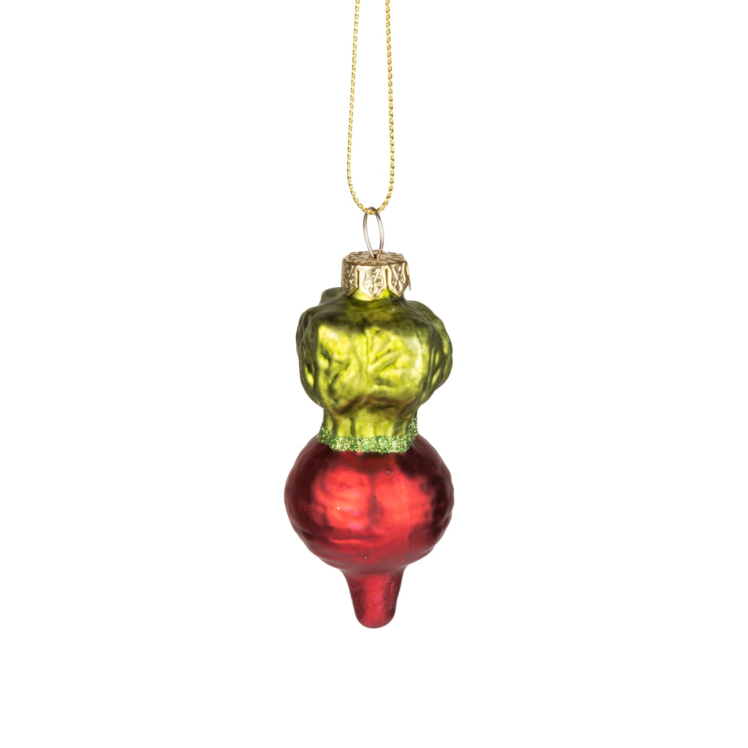 Glass beet ornament, red with green leaf top, 2.5 in  12      