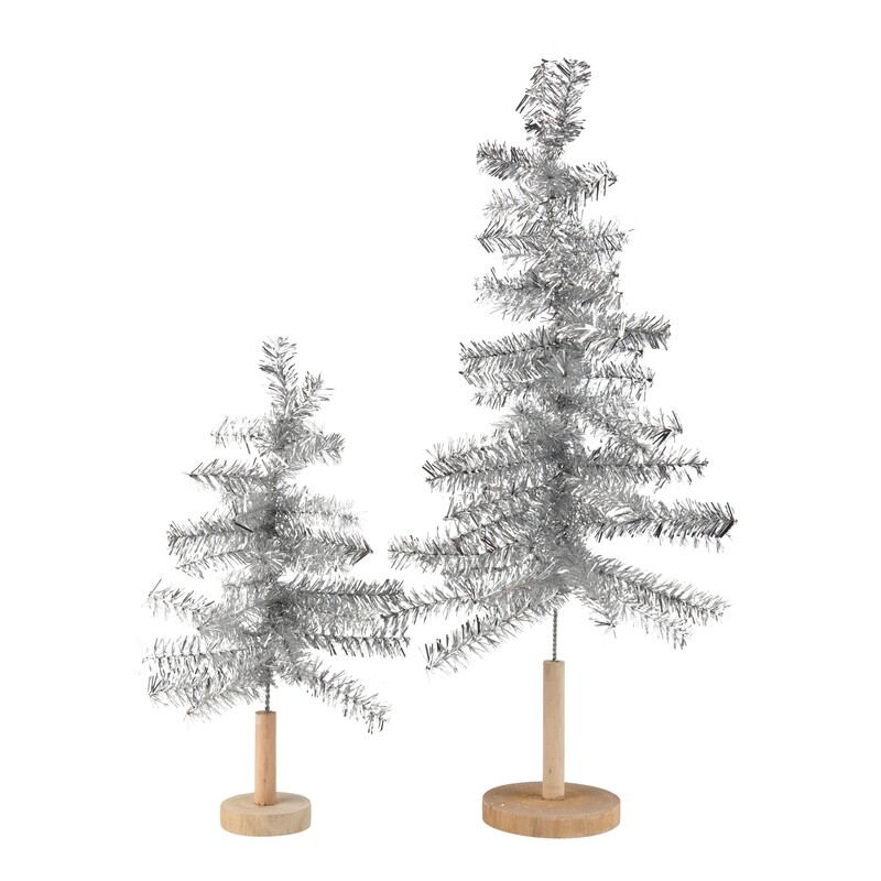 Set of 2 tinsel tree table piece, iridescent silver on narrow round wood base, 16+24 in  4            