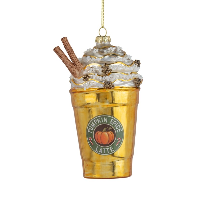 Glass ornament, pumpkin spice latte with cinnamon sticks, in a gold cup, 6 in  6            