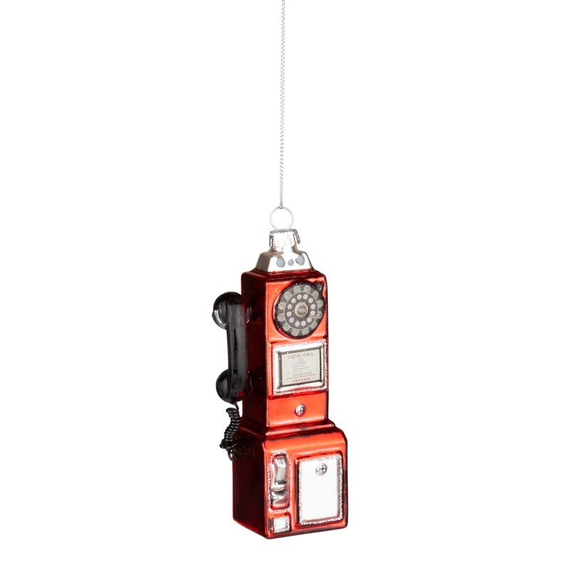 Glass vintage pay phone ornament, red, black and silver, 4.5 in  6            