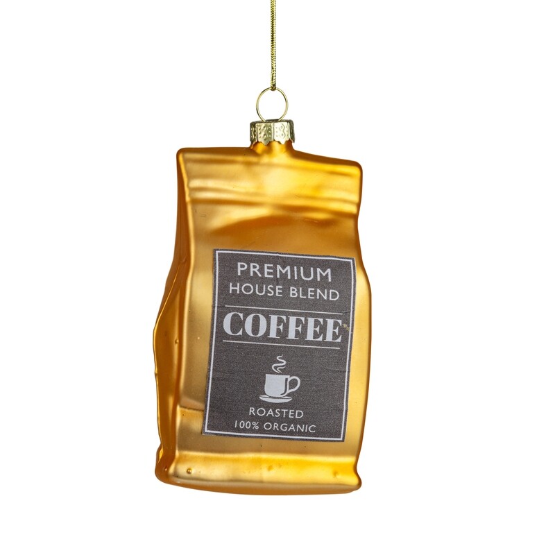Glass coffee bag ornament, gold with black label, 4 in  6      