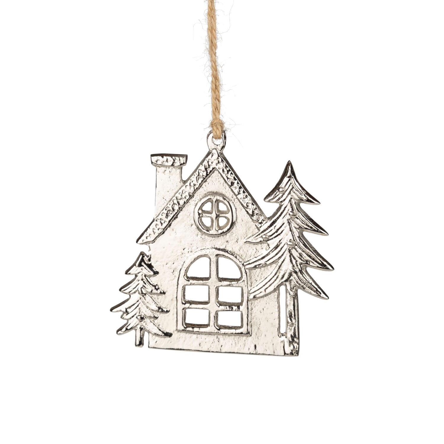Metal silver cottage ornament, stamped textured finish with side trees, 3.5 in  12            