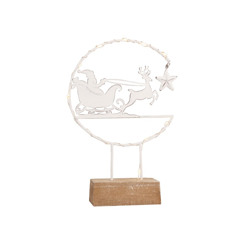 Antique white metal Santa in a sleigh table piece, with reindeer in crescent moon on natural wood pedestal base, LED, 9 in  4            