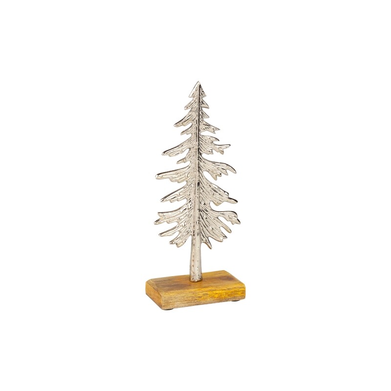 Metal silver pine tree table piece, textured finish on wood base, 8.75 in  4            