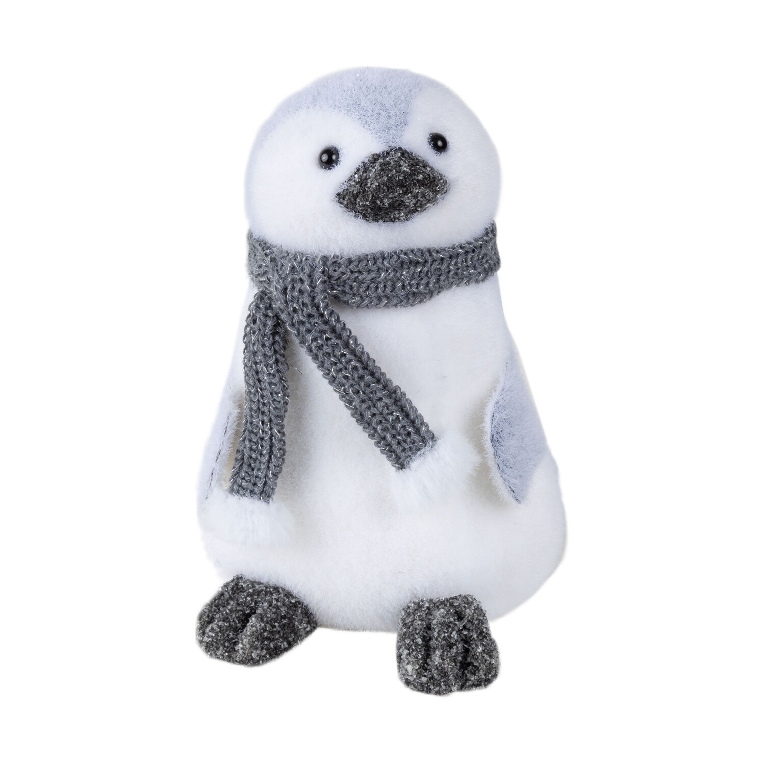 Grey and white flock penguin table piece with grey scarf, 6.5 in  6            