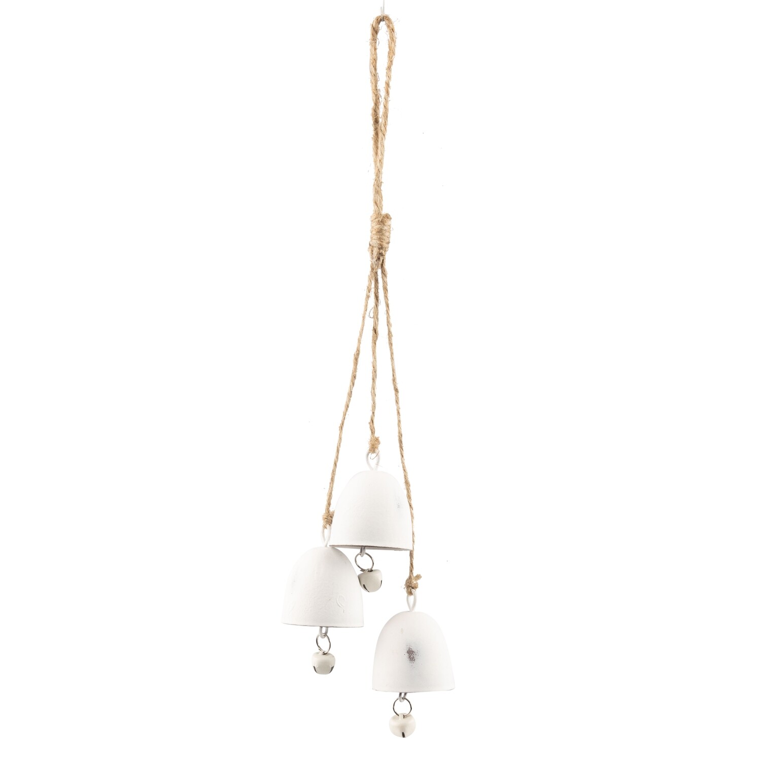 Metal trio bell ornament, antique white cloche bells on natural cord, 14.5 in  6            