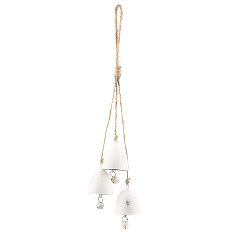 Metal trio bell ornament, antique white cloche bells on natural cord, 14.5 in  6            