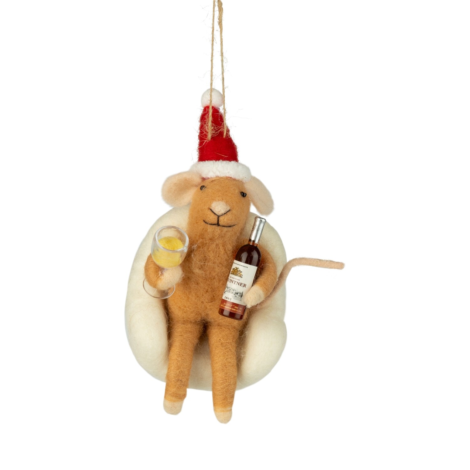 Felt mouse ornament, in white fluffy chair holding a bottle of wine and glass, 4 in  6      