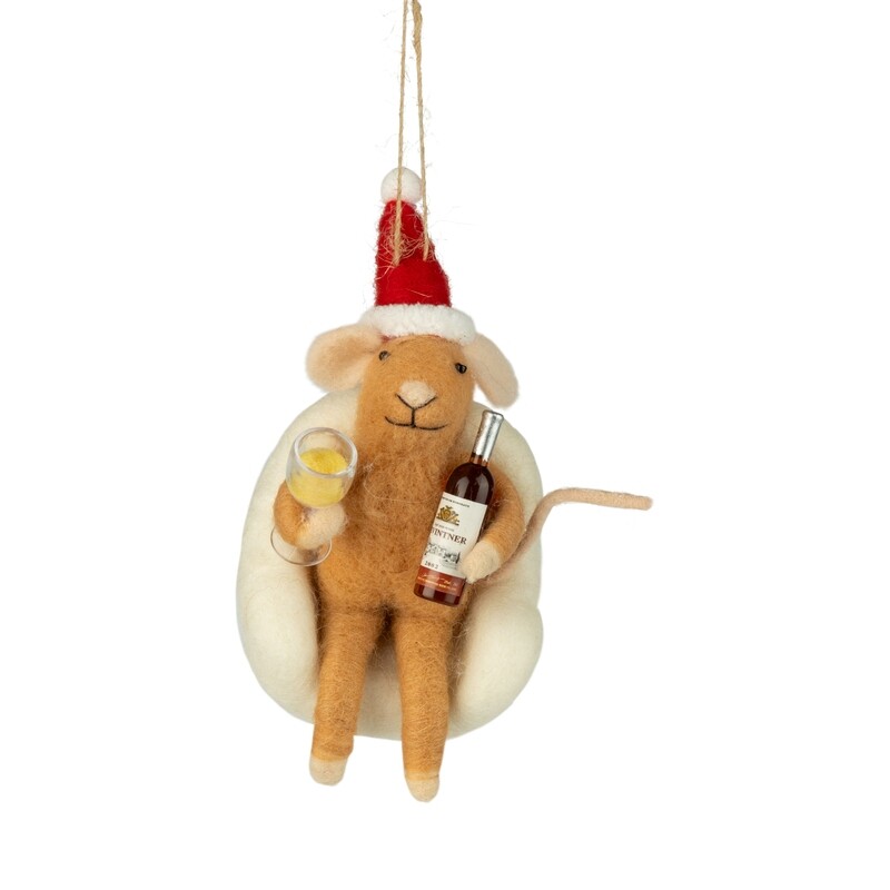 Felt mouse ornament, in white fluffy chair holding a bottle of wine and glass, 4 in  6      