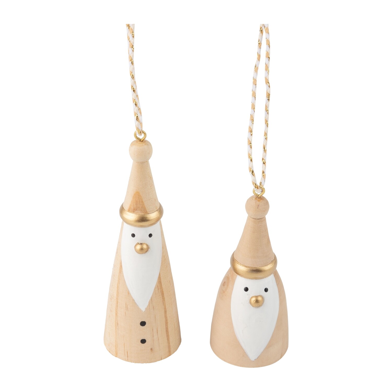 2 Asst&#39;d wood Santa ornament, natural, gold nose and rimmed hat, 3+4 in  16            