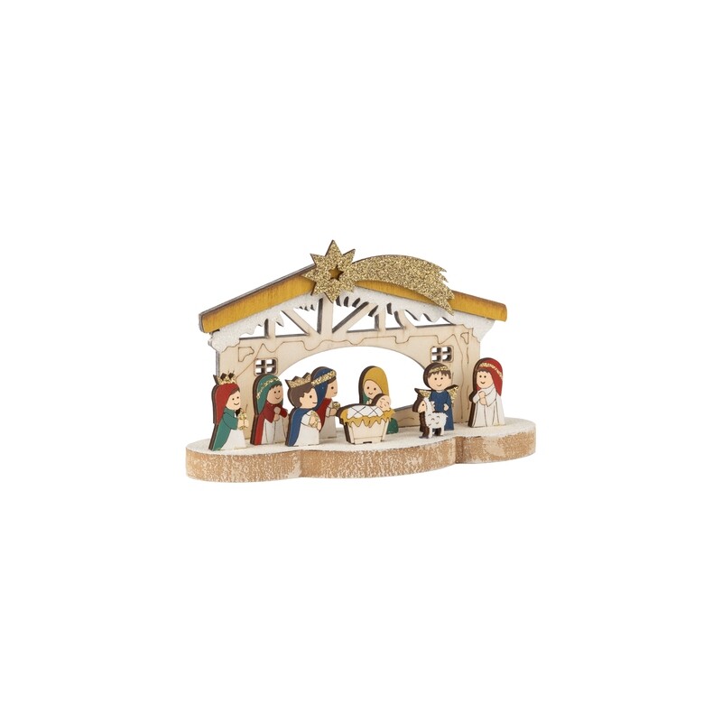 Wood nativity table piece, 10 characters in a manger on a scalloped wood base, 6.5 in  4      