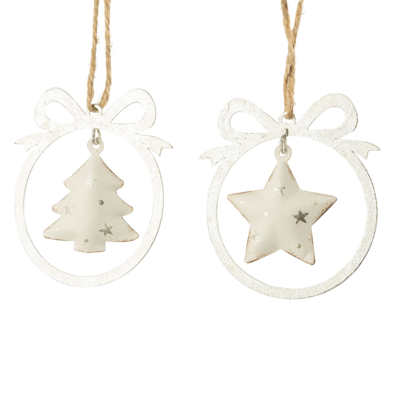 2 Asst&#39;d metal round shape ornament, silver rimmed bow with hanging white metal tree and star, 3 in  24            