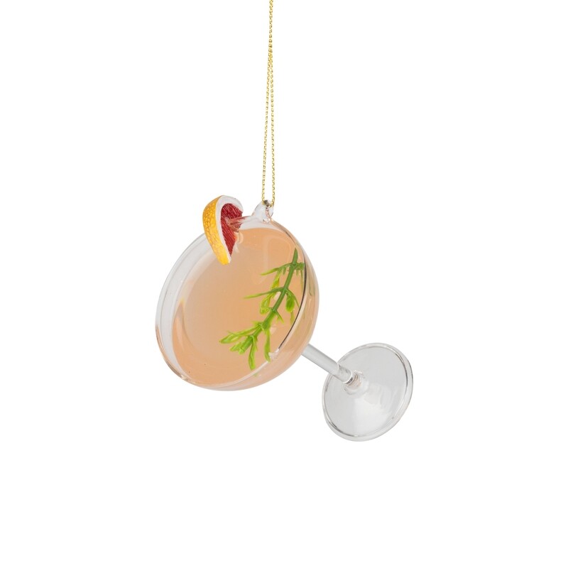 Glass pink martini ornament, with rosemary and grapefruit garnish, 4 in  6      