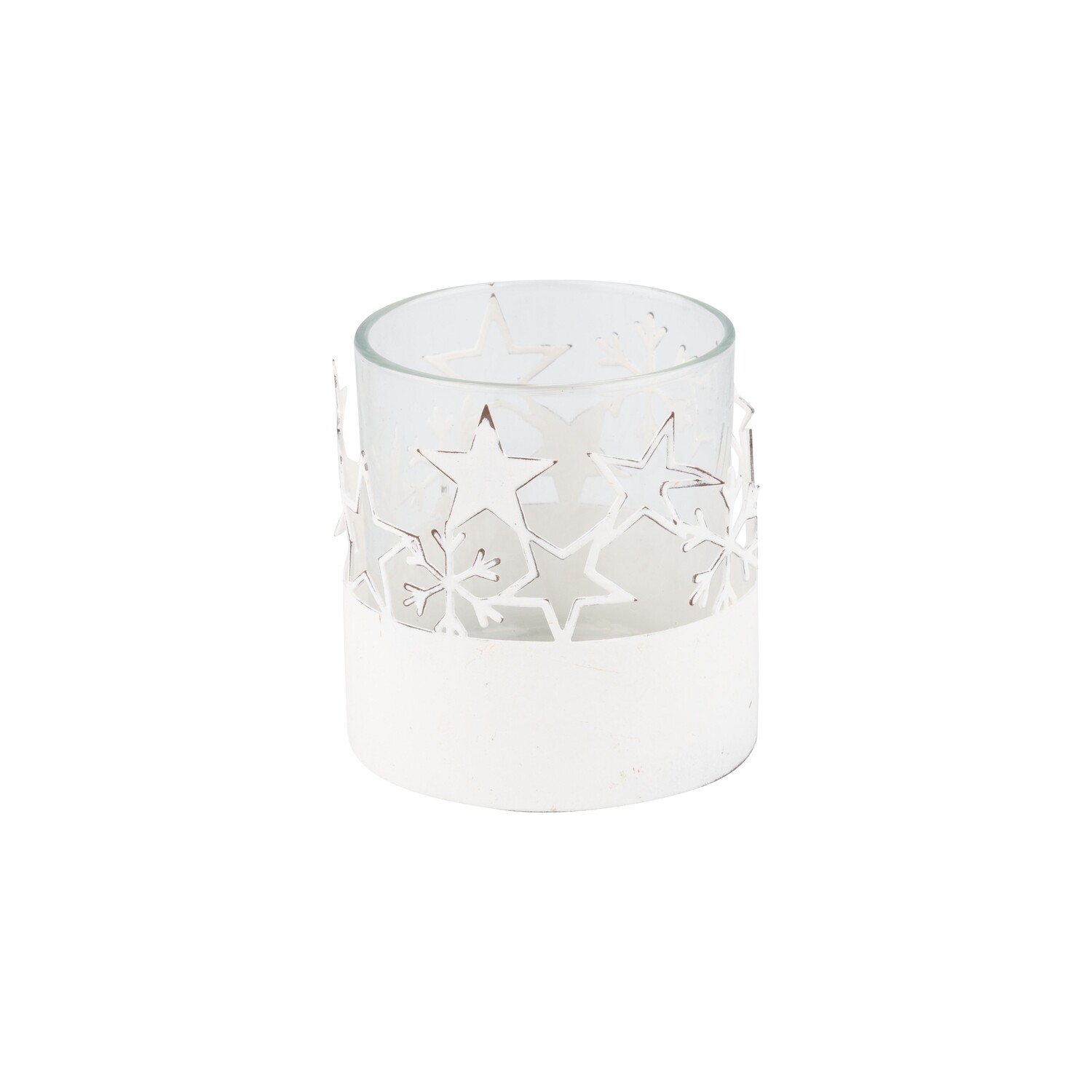 Metal and glass votive holder, white metal stars around clear glass votive holder, 3 in  6            