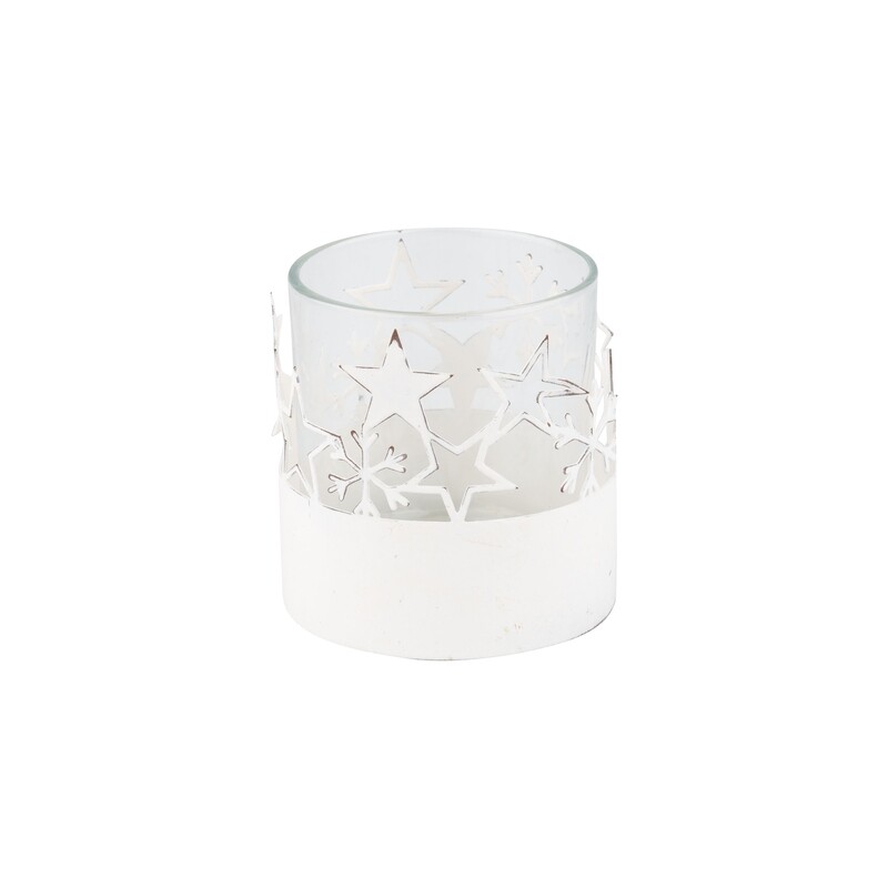 Metal and glass votive holder, white metal stars around clear glass votive holder, 3 in  6            