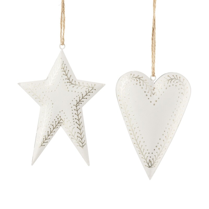 2 Asst&#39;d metal ornament, white heart and star with silver rim, 4.5+5 in  12            