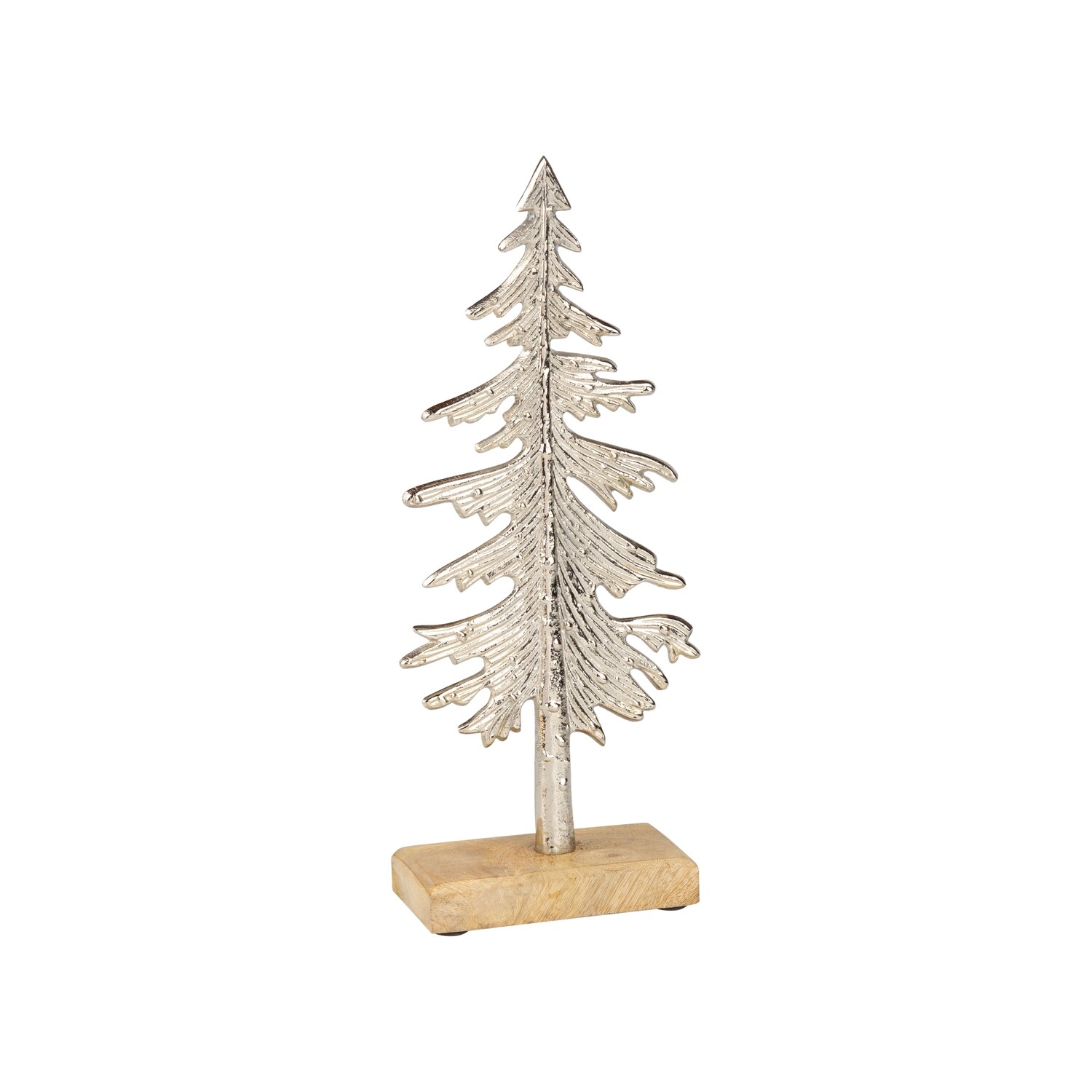 Metal silver pine tree table piece, textured finish on wood base, 10.75 in  4            