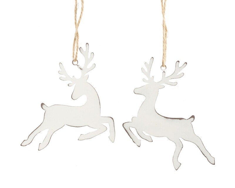 2 Asst&#39;d metal stag ornament, white prancing stag, 3.75+ 4 in  24            
