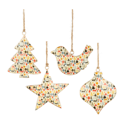 4 Asst'd shaped metal ornaments, colorful miniature forest scene, 4 in  24 -Z08 -25NP -S04/25