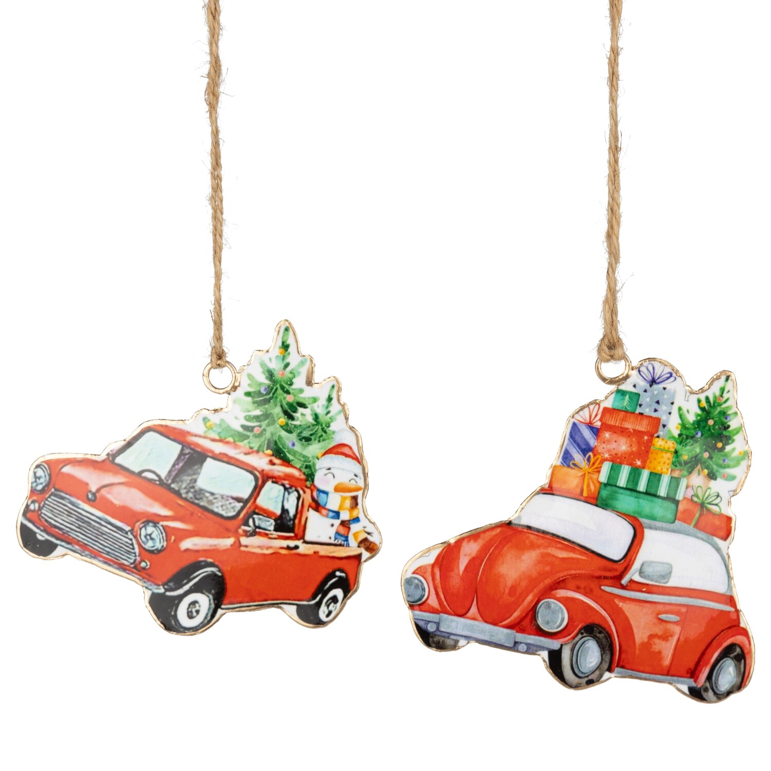 2 Asst&#39;d metal car ornament, red with gifts, 4 in  24            