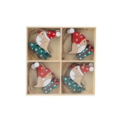 Set of 8 printed wood bird mini ornaments in wood box, each 2.5 in  6            