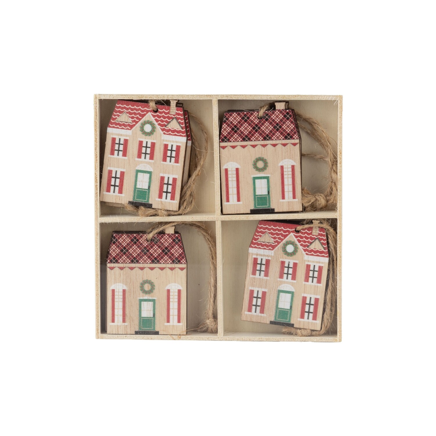 Set of 8 printed wood house mini ornaments in wood box, each 2.5 in  6            