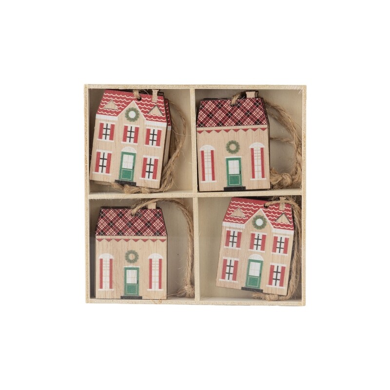 Set of 8 printed wood house mini ornaments in wood box, each 2.5 in  6            
