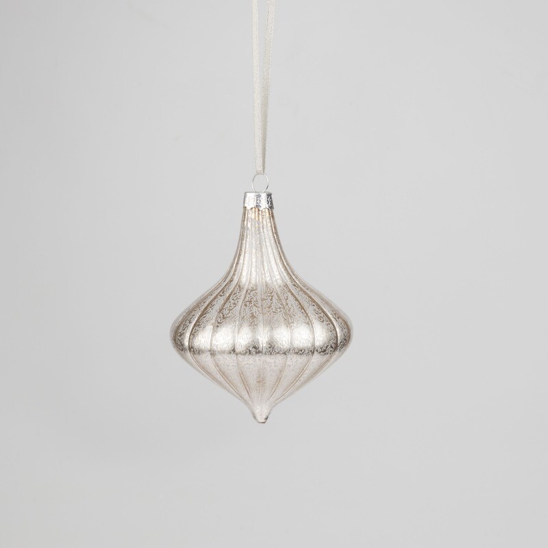 2 Asst&#39;d ribbed glass finial and drop ornament, matte silver interior paint, 3+4 in  12            