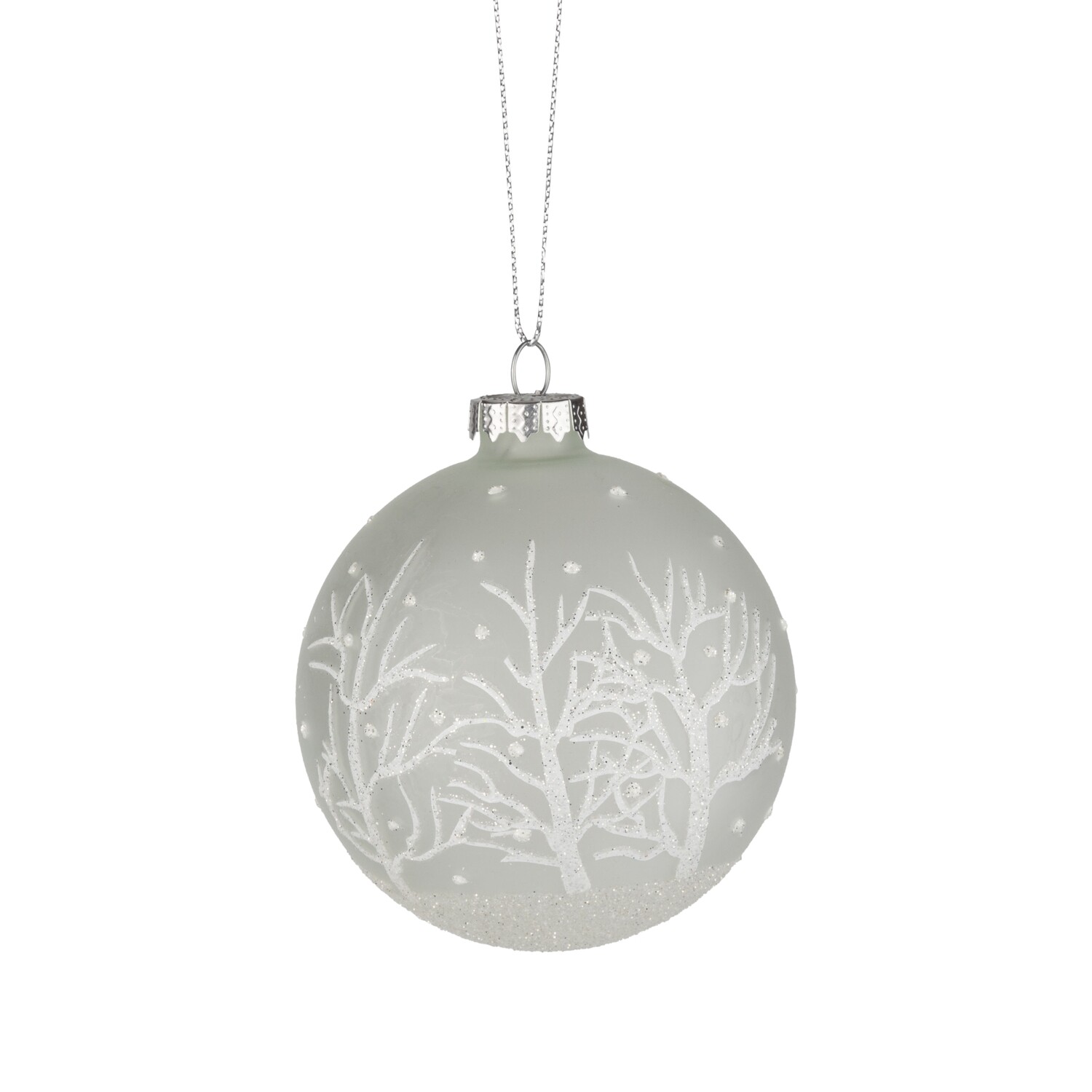 Glass ball ornament, frosted white with white branches, 80mm/3 in  12            