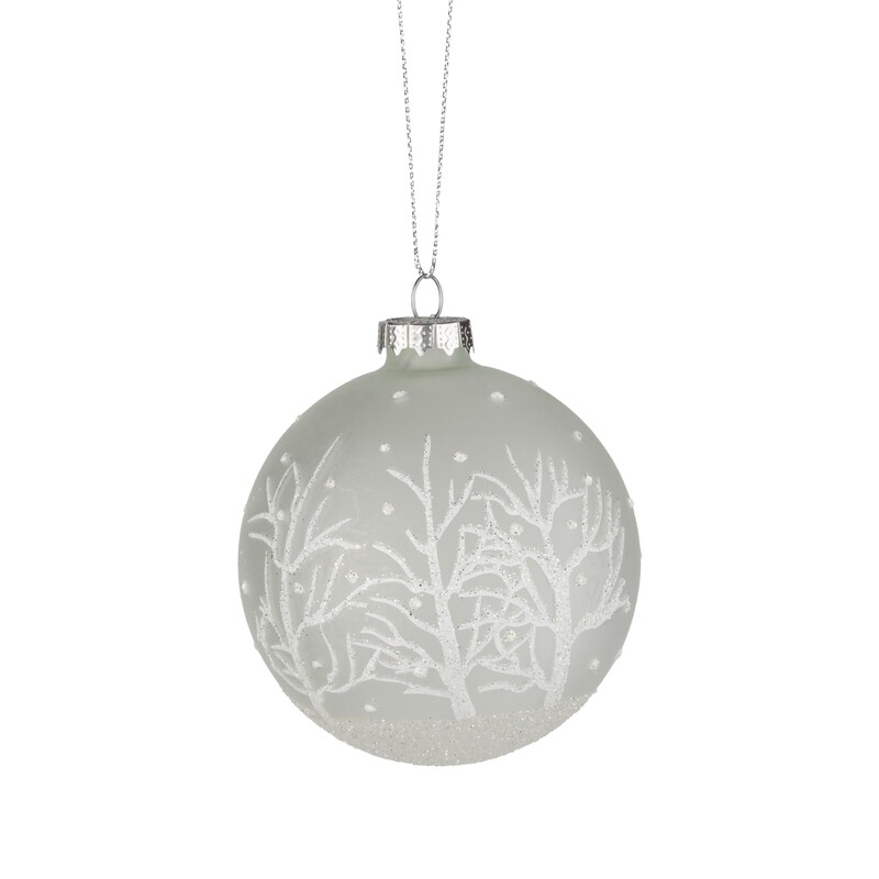 Glass ball ornament, frosted white with white branches, 80mm/3 in  12            